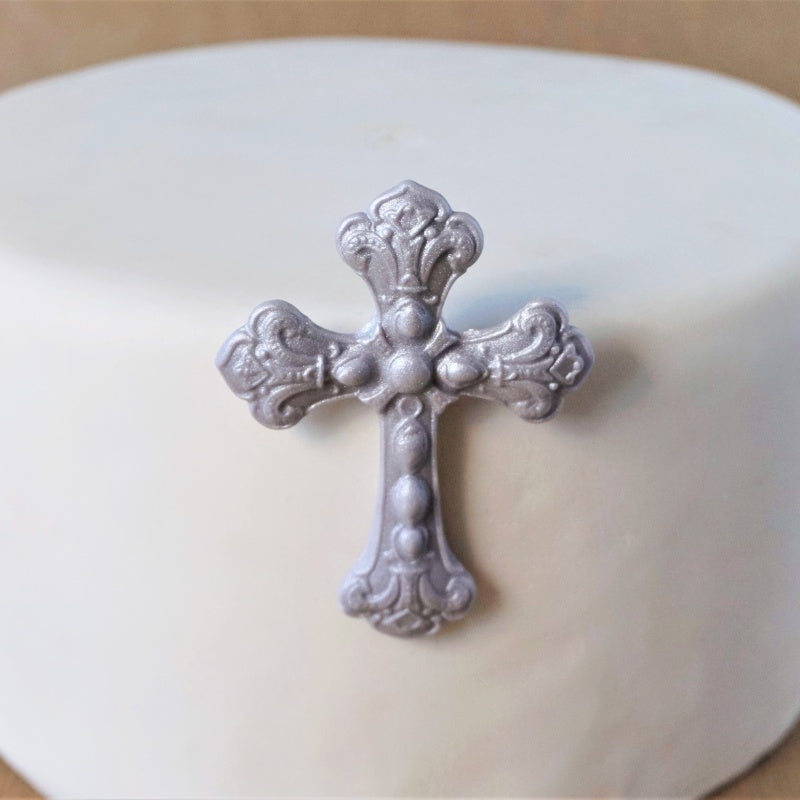 Fondant silver cross cake topper